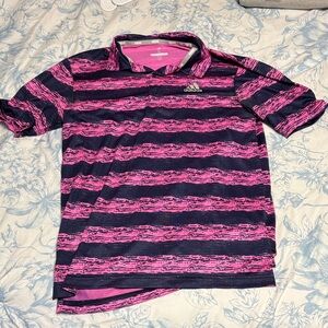 Adidas Golf Men’s Pink and Blue Striped Polo Shirt